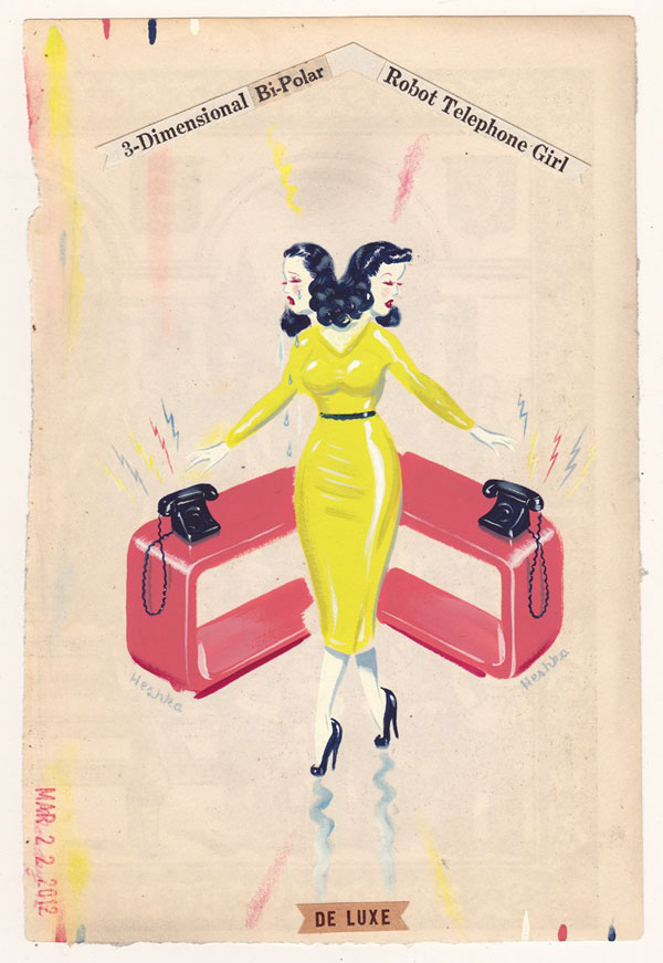 3-Dimensional Bi-Polar - Robot Telephone Girl - gouache on vintage paper.