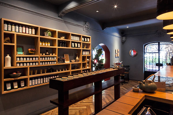 Shelf with teas from around the world.