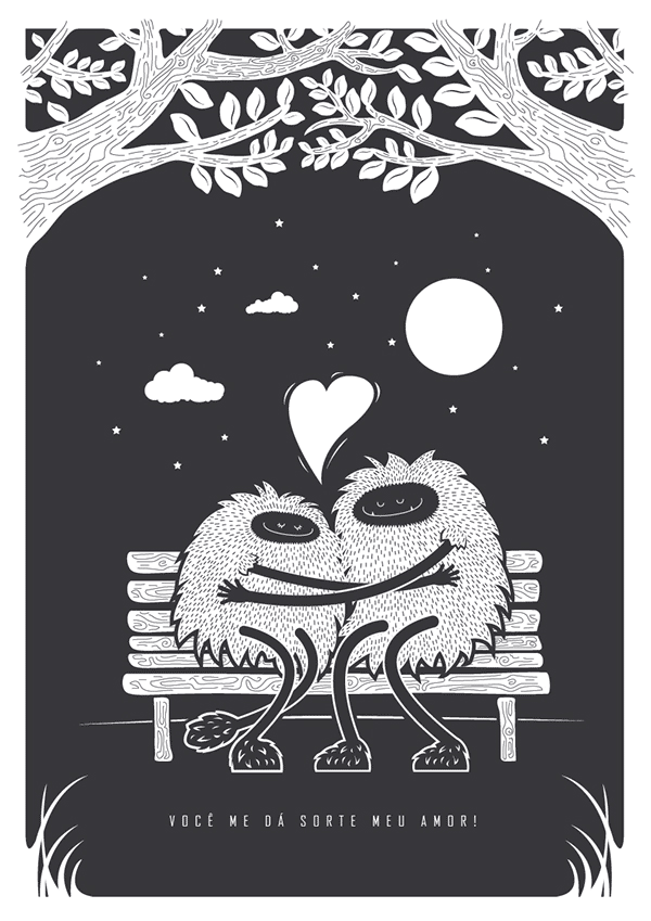 A lovely black and white illustration of little monsters in love.