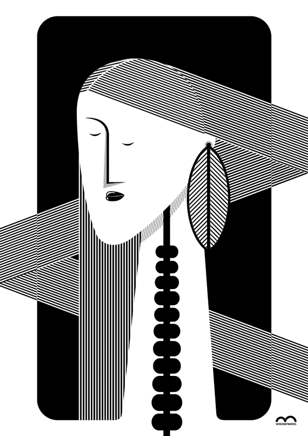 Black and white portrait illustration.