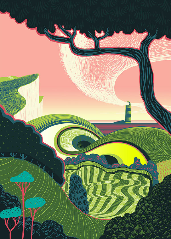 Lighthouse in the East - A colorful illustrative artwork with contrasting colors.