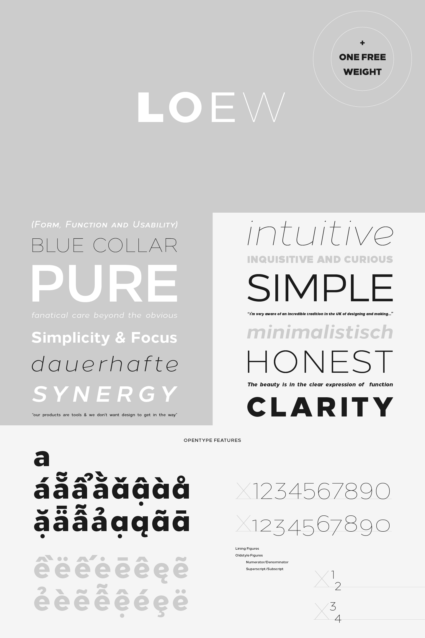 The Loew typeface, a geometric sans serif font family designed by Jonathan Hill of The Northern Block Ltd.