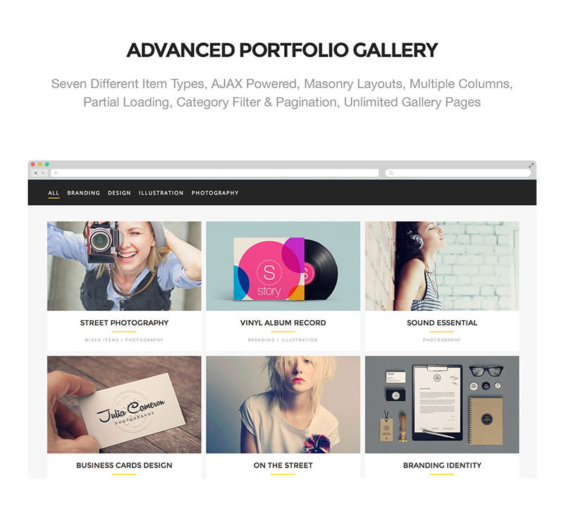 Advanced portfolio gallery including 7 different item types.