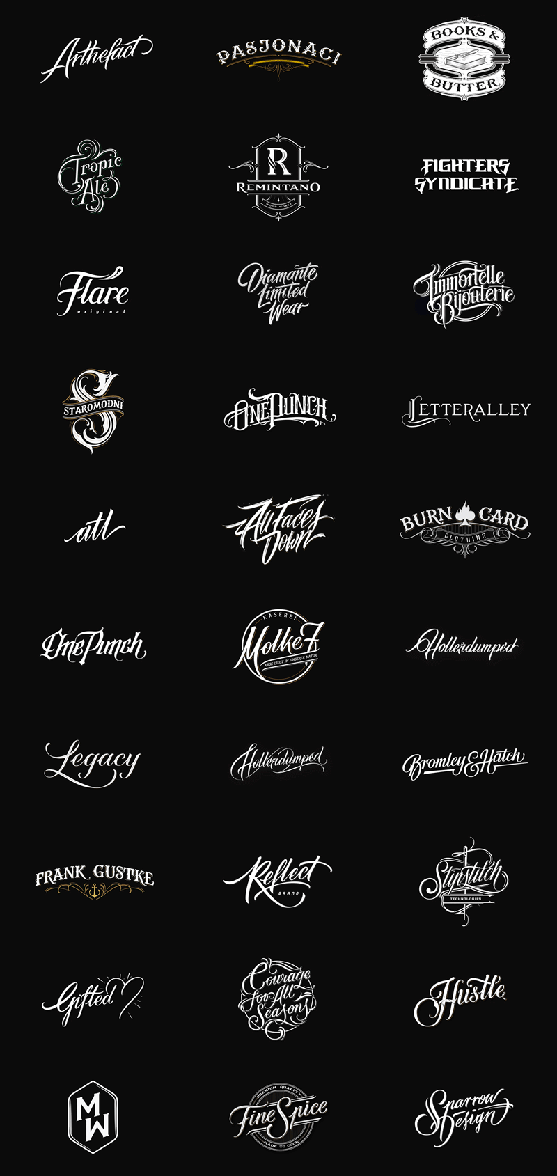 30 completely hand lettered logotypes by Mateusz Witczak, a Warsaw, Poland based freelance graphic designer.