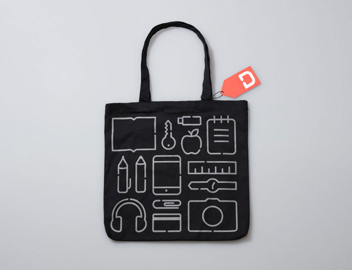 Black bag printed with several icons.