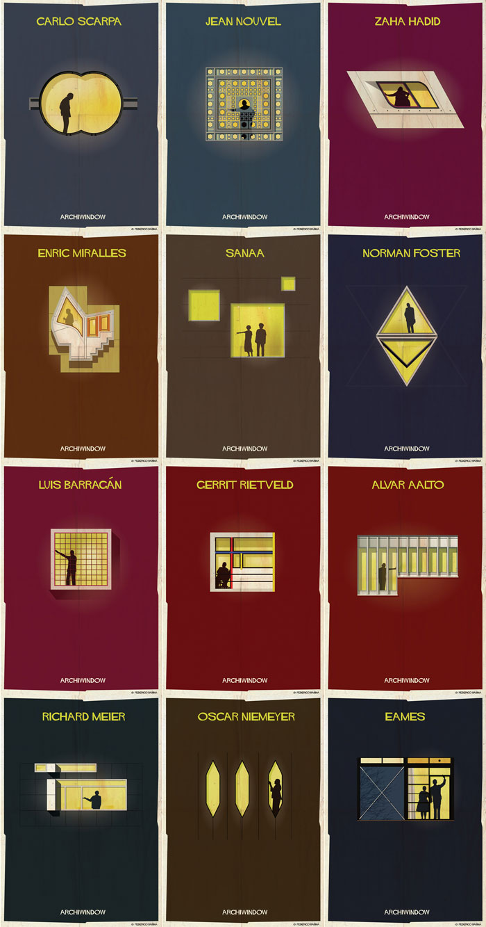 Creative artworks by illustrator Federico Babina of the Archiwindow poster series.