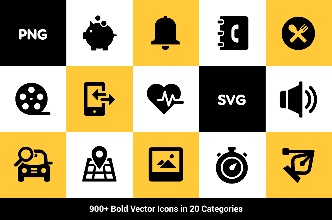 Over 900 vector icons in 20 categories.