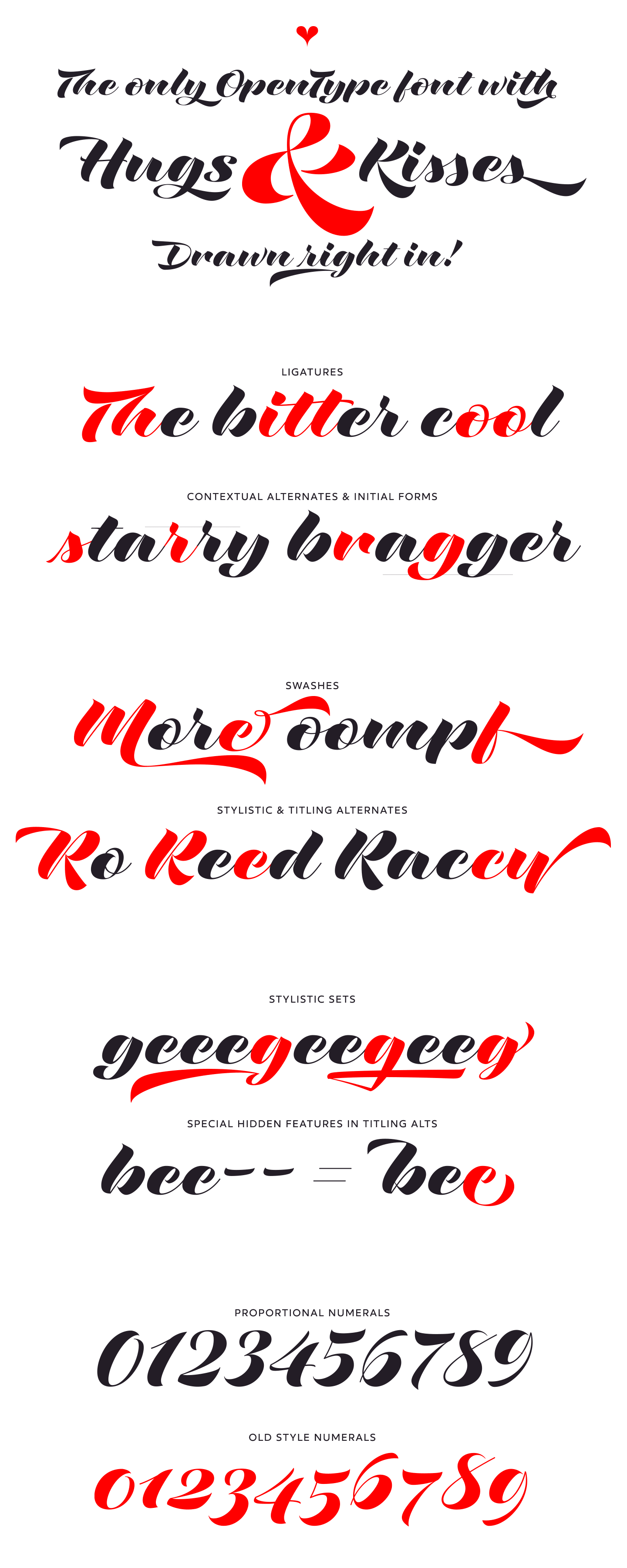 The diverse OpenType features of the Love Script typeface.