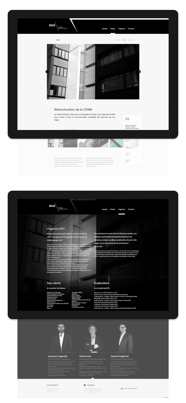 Web design by Murmure for EXO, a French architectural agency.