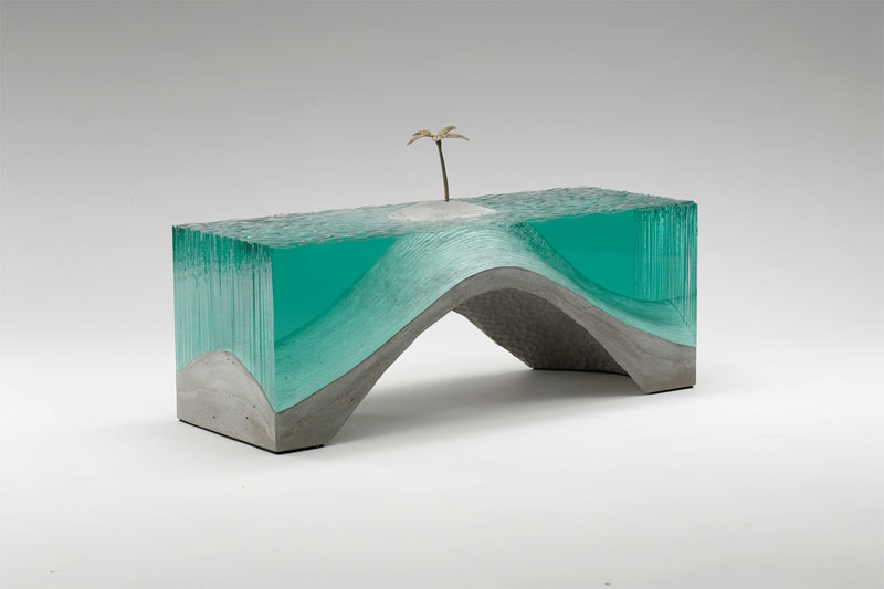 Deserted - Laminated clear float glass with cast concrete base and cast white bronze palm tree.