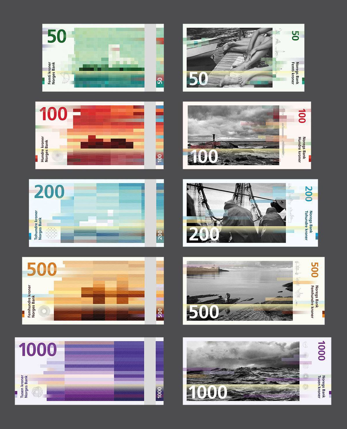 Norway's new banknotes by the two Oslo-based design studios Snøhetta & The Metric System. A beautiful blend between pixelated designs and analog images.