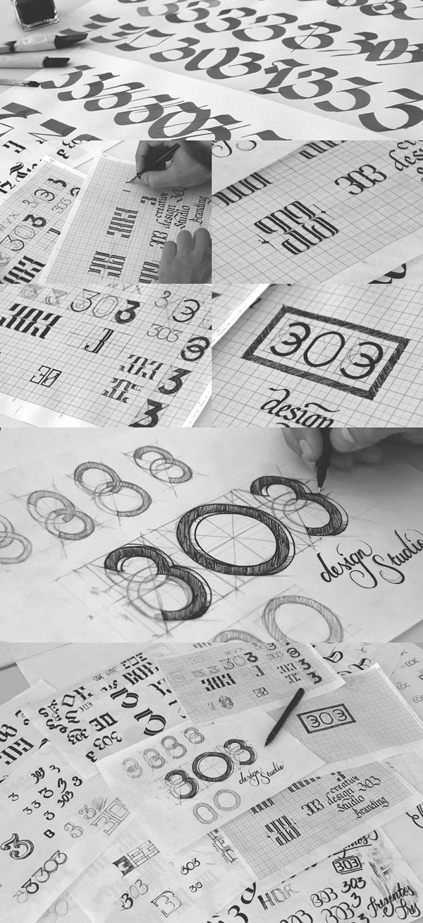 The creation of the logotype - countless scribbles with pencil on paper.