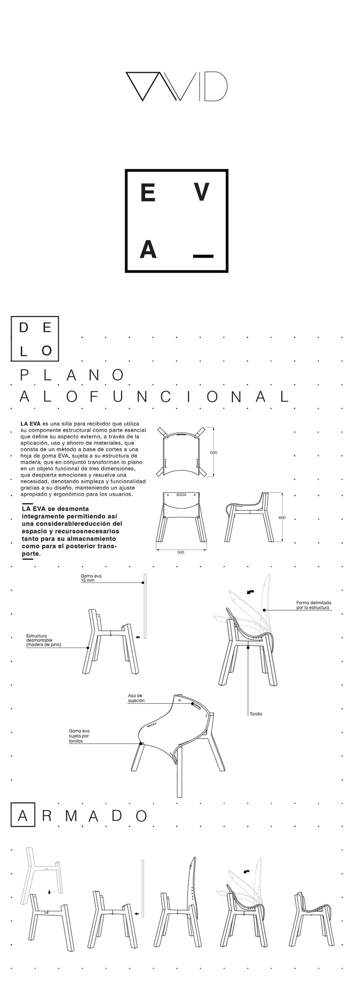 Chair design plan of the La Eva chair - unique and beautiful furniture design from San Luis Potosi, Mexico.