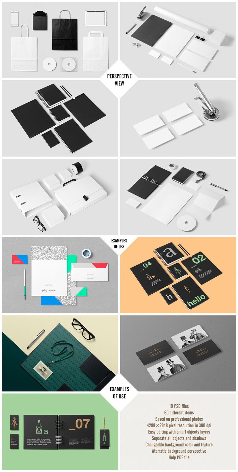 The corporate stationery mock-up set by forgraphic™ - Perspective view and examples of use.