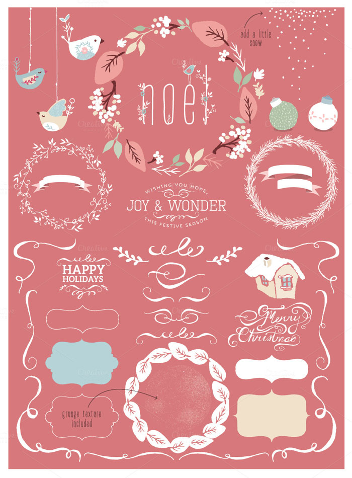 Beautifully designed christmas illustrations, graphics, and grunge textures.
