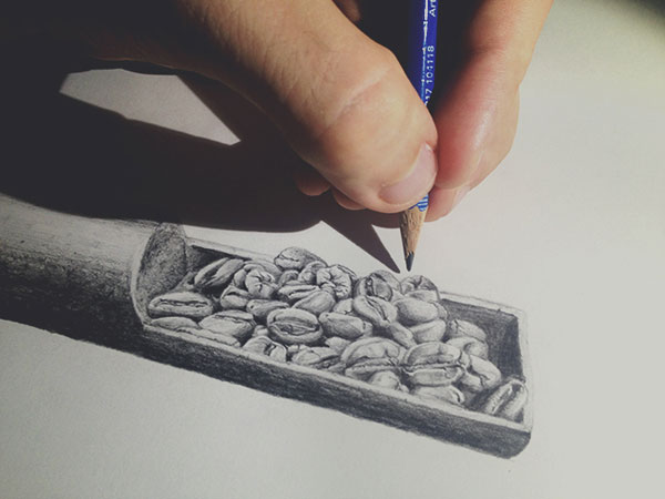 Pencil drawing of fresh roasted coffee beans.