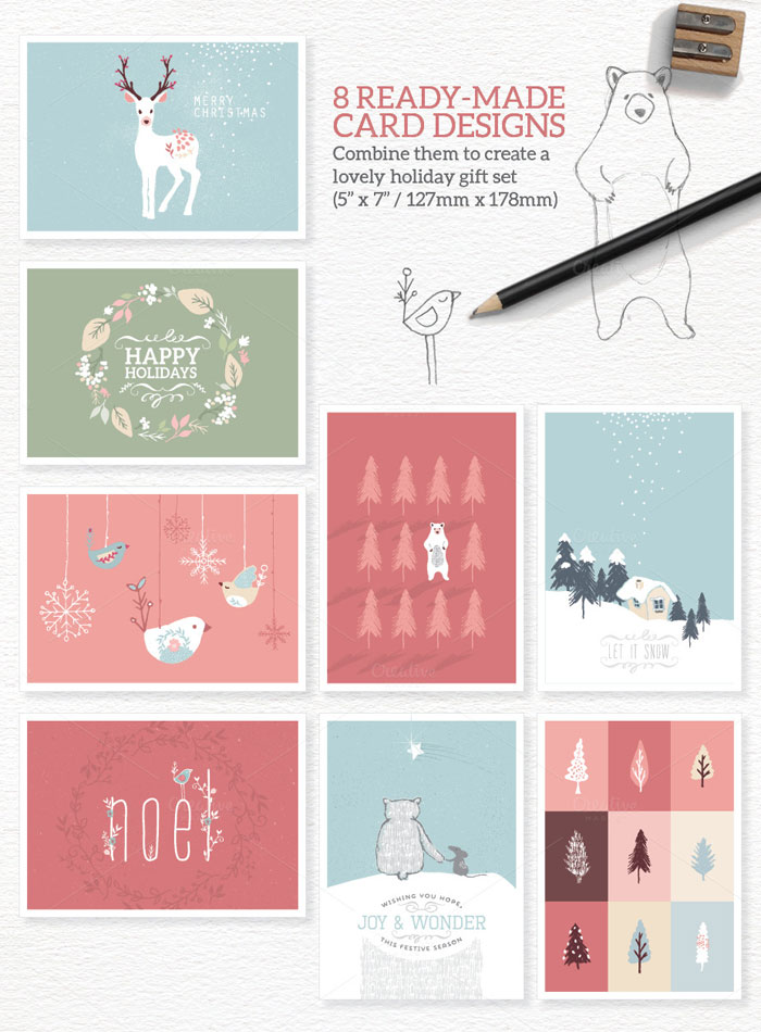 You can combine 8 ready-made card designs to create a lovely holiday gift set.