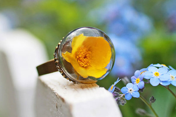 A blossom inside the glass bell jar of a ring.