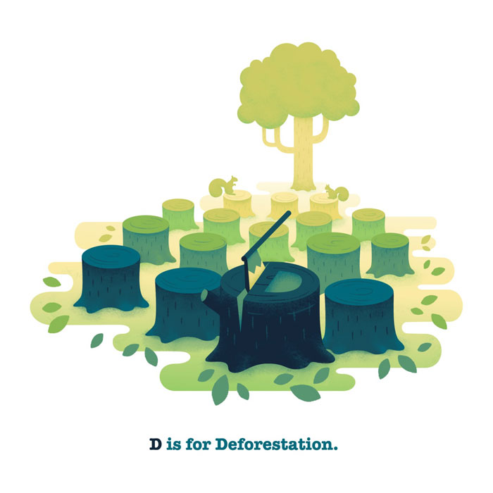D is for Deforestation. "Deforestation is the act of removing trees to make room for farms, a growing population, as well as production purposes. Every hour at least 4,500 acres of forest fall. Deforestation can cause harm to both biodiversity of wildlife as well as the land; erosion of the soil can disrupt the hydrological cycle, causing flooding and mudslides. Climate change is also impacted as forests are a large component in removing carbon dioxide from the atmosphere."
