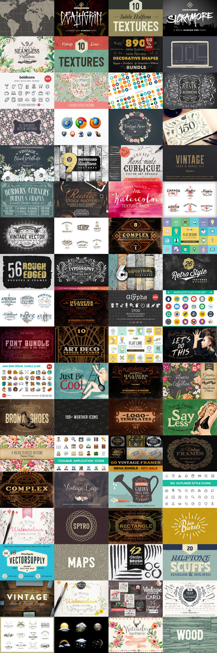 Download the Big Bundle Vol. 3 from Creative Market with lots of textures, brushes, vector graphics, vintage objects, icons, and many more amazing products.