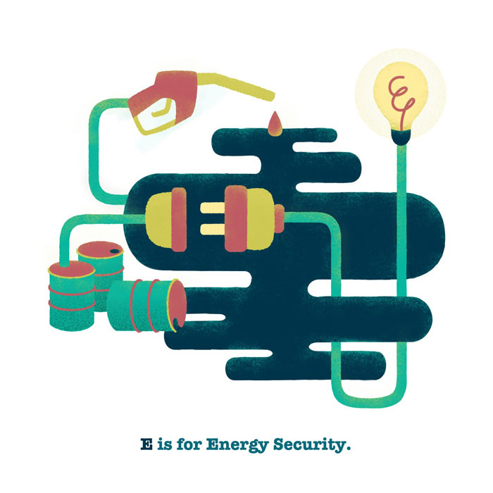 E is for Energy Security. "Energy security is the amount of available energy (supply) compared to use/need (demand) for energy. Energy cannot be created or destroyed; the issue being, it cannot be created and once it is used it becomes less usable. The majority of our energy comes from fossil fuels such as coal, gas, and oil. We also use a few types of renewable energy such as solar, wind, water, and geothermal. The energy transition the Earth is passing through is possibly the most important one humans have faced during the evolution of the planet. "