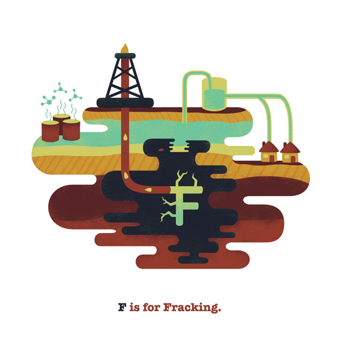 F is for Fracking. "Hydraulic Fracturing or “Fracking” is the process of pumping a concoction of chemicals (fracking fluid) into the ground in order to break shale rock which will release natural gas. Individuals nearby a site receiving their water from wells are especially at risk for contamination."