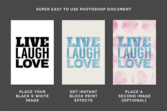 The letterpress effects of the WoodBlock printing press kit are very easy to use within your Adobe Photoshop file.