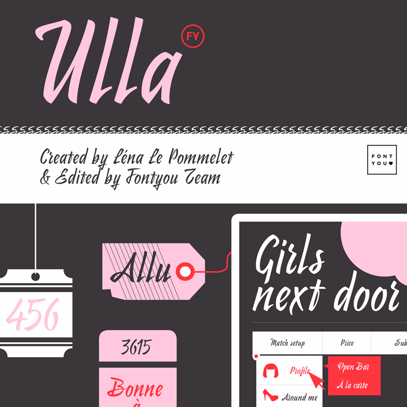 The Ulla FY typeface was designed with a brush by Lèna Le Pommelet and edited by the Fontyou team.