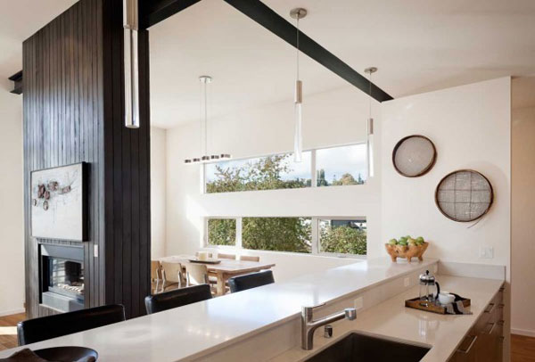 Modern interior design - open kitchen and living area.