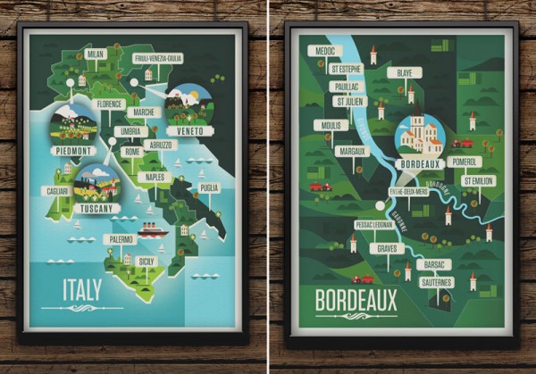 Majestic Wine Maps - Italy and Bordeaux poster illustration by Neil Stevens.
