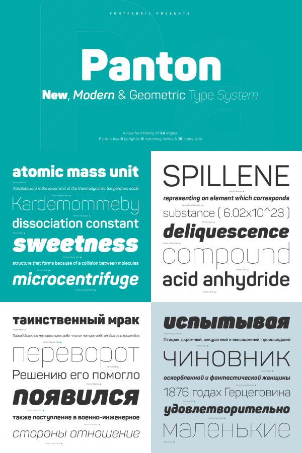 The Panton font family consists of 34 weights including 9 uprights plus 9 matching italics and 16 icon sets. Its extended character set supports multiple languages including cyrillic letters.