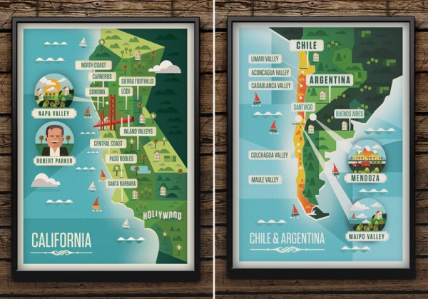 Majestic Wine Maps - Califorbia, Chile and Argentina posters by illustrator Neil Stevens.