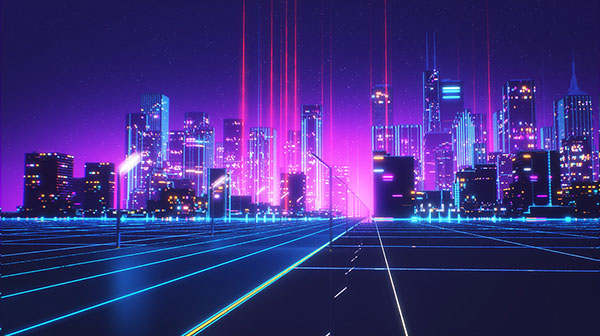 A fantastic skyline with flashy colors and lights.