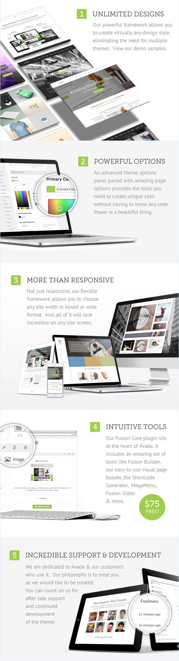 The responsive Avada WordPress theme provides unlimited designs, powerful options, and intuitive tools.