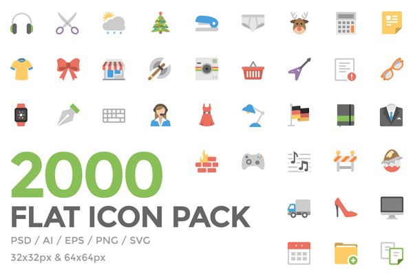 2000 flat icon pack including PSD, AI, EPS, SVG, and PNG in 32x32px as well as 64x64px.