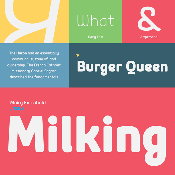 Some colorful type samples of the Mairy font family.