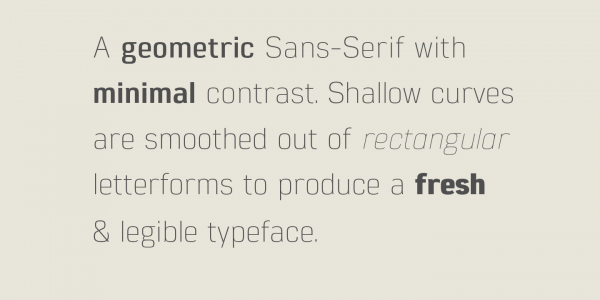 Eund is a geometric sans-serif type characterized by rectangular letterforms with shallow curves.