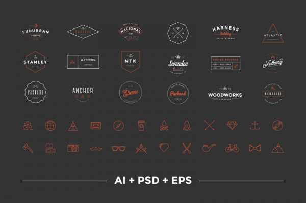 The Hipster Vintage Logo Pack with 18 premium logos plus 24 line icons as bonus, all included as AI, PSD, and EPS files.