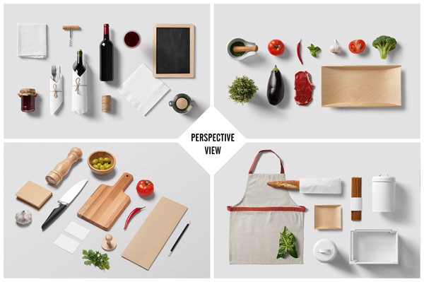 Top view and perspective view of the restaurant and food branding mock-up.