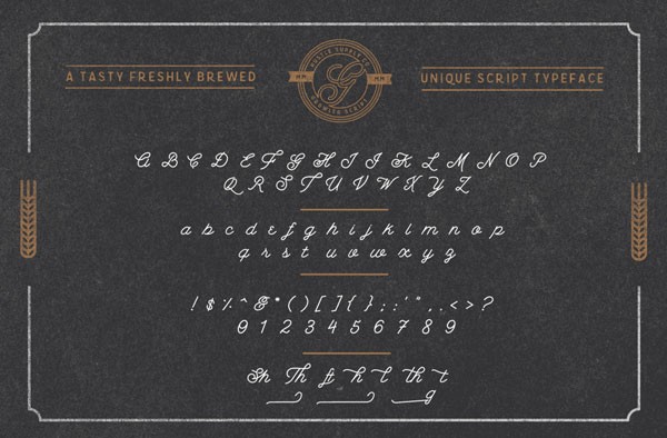 All characters of the freshly brewed unique script typeface. The font is based on a stylish vintage look intended for titles and logo designs.