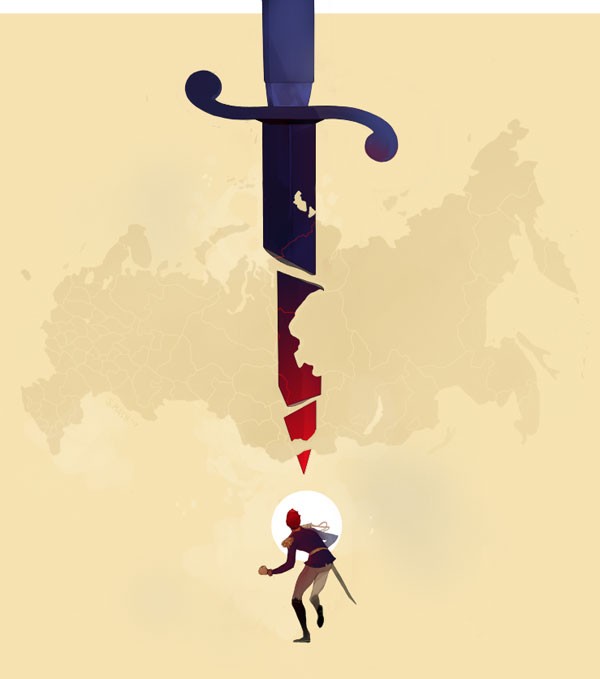 The Dagger, an illustration done for The New Republic on the last crumpling of the monarchy of Russia, the Bolshevik revolution, and the history of writing in the country.
