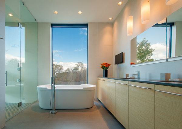 The clean and modern interior design of the bathroom.