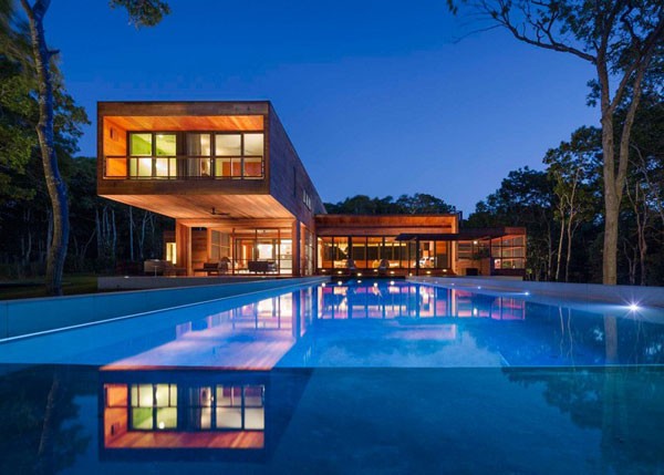 The long pool is a striking feature of this house.