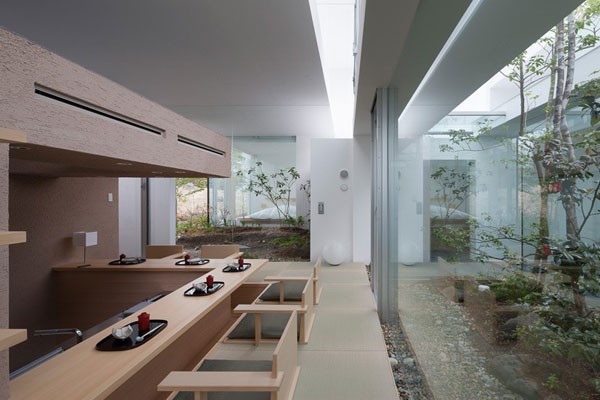 A large kitchen area with view of the plantings.