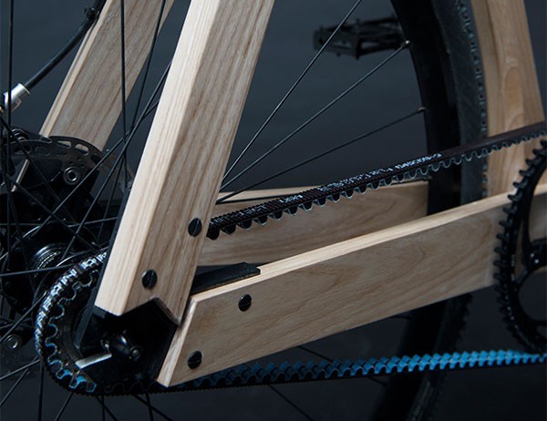 Close up of the wooden bicycle frame.