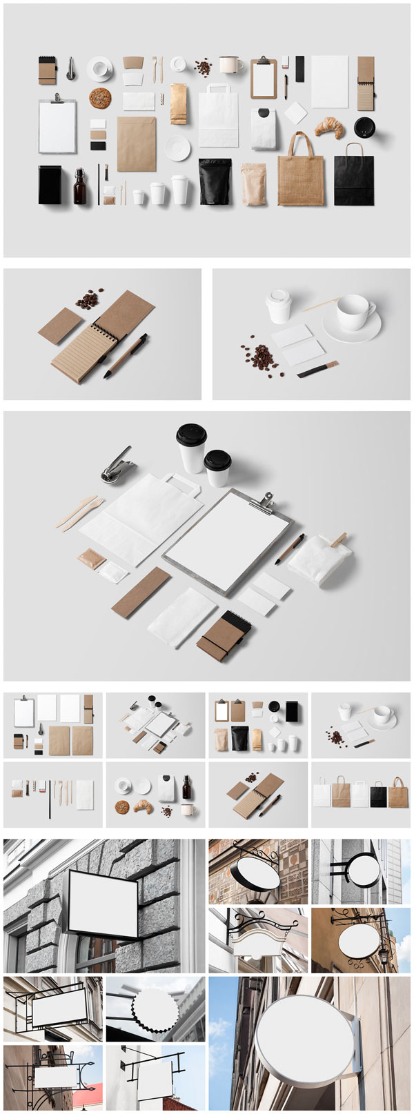 Coffee stationery mockup as well as 10 sign mockups.