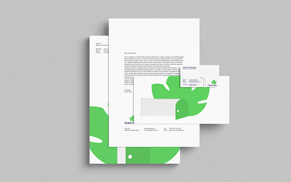 The stationery set of the Taak Inc. brand identity.
