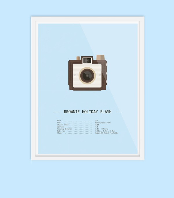 Brownie Holiday Flash - digital artwork from a series of analog camera poster illustrations by Audrey Lafarga. The posters show the characteristic design of one camera as well as its technical specifications.