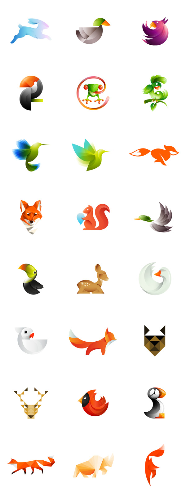 Colorful animal logos created by Ivan Bobrov, a Barnaul, Russian Federation based logo designer. The set consists of differently illustrated birds, foxes, a deer, a frog, and other lovely designed animals.