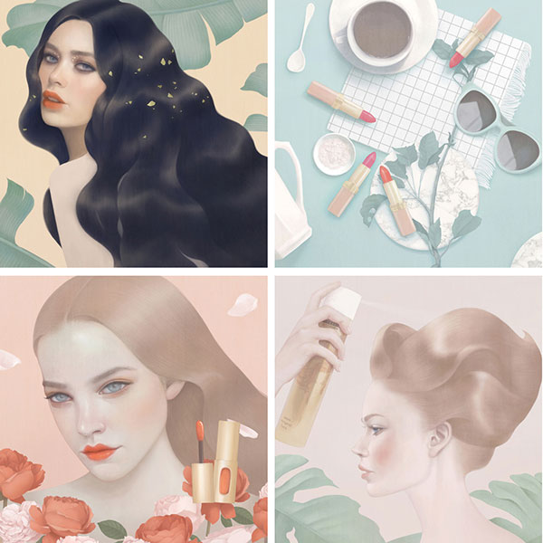 Four digital paintings created by Hsiao-Ron Cheng for L'oreal Paris.